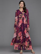 Ahalyaa Women Floral Printed Angrakha Kurta with Palazzos - Burgundy Color | Grocsy