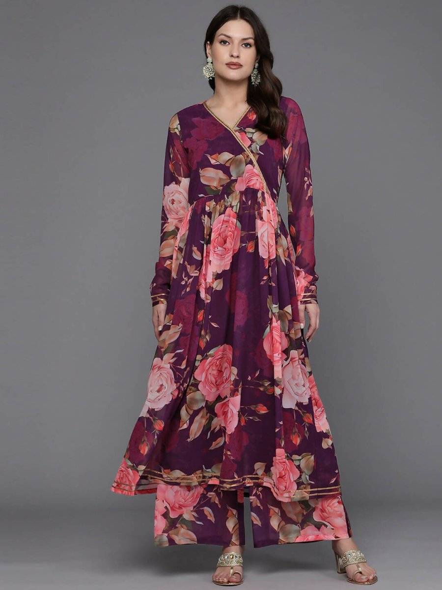 Ahalyaa Women Floral Printed Angrakha Kurta with Palazzos - Burgundy Color | Grocsy