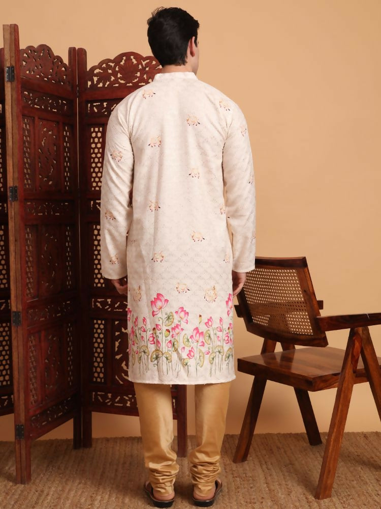 Cream Cotton Printed Chikankari Embroidery Work Kurta - Mahotsav | Grocsy