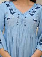 Juniper Women's Blue Thread Embroidered Cotton Denim Dress | Grocsy