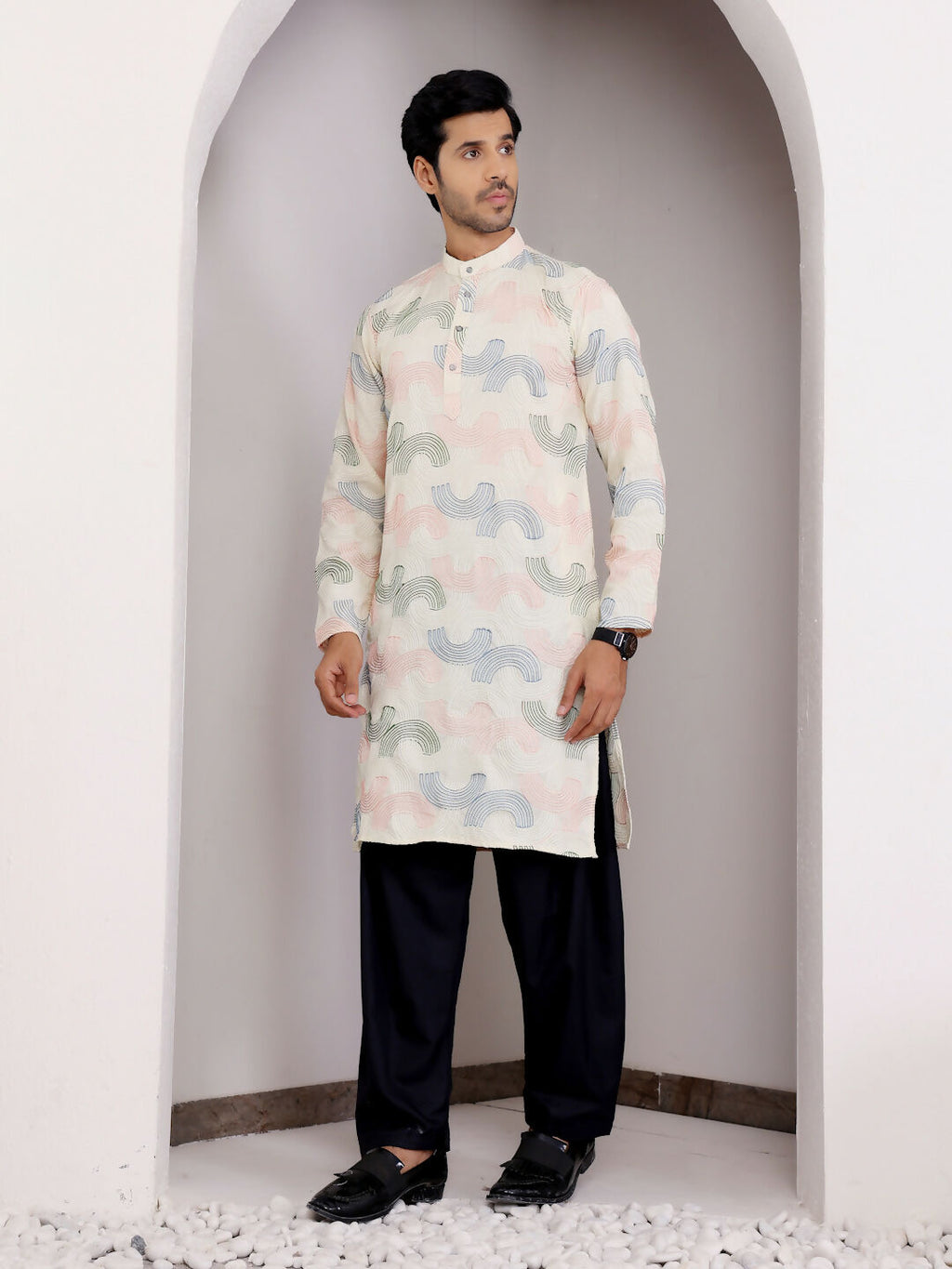Cream Linen Designer Embroidery Work Men's Rajwadi Kurta Set - Mahotsav | Grocsy