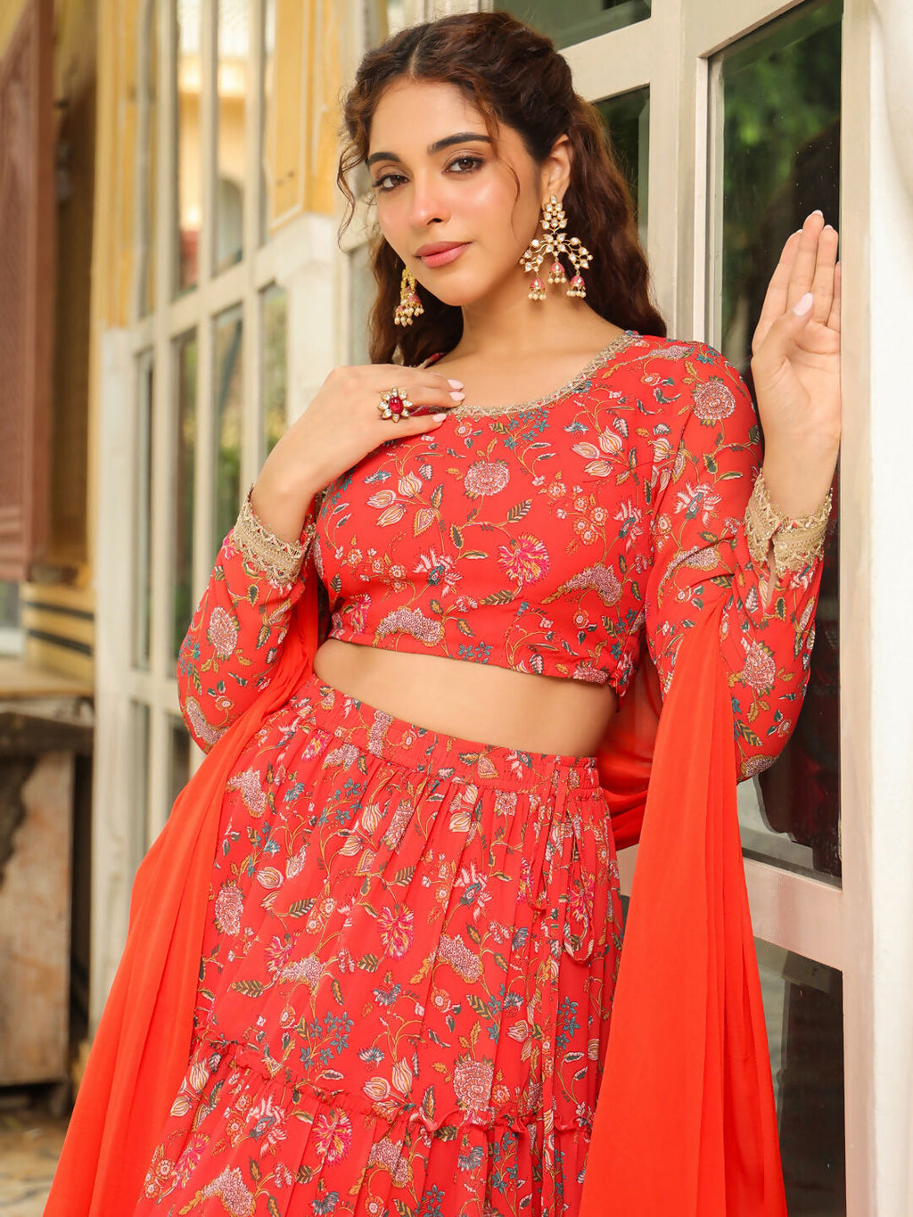 Janasya Red Georgette Floral Lehenga Choli Dupatta | Grocsy