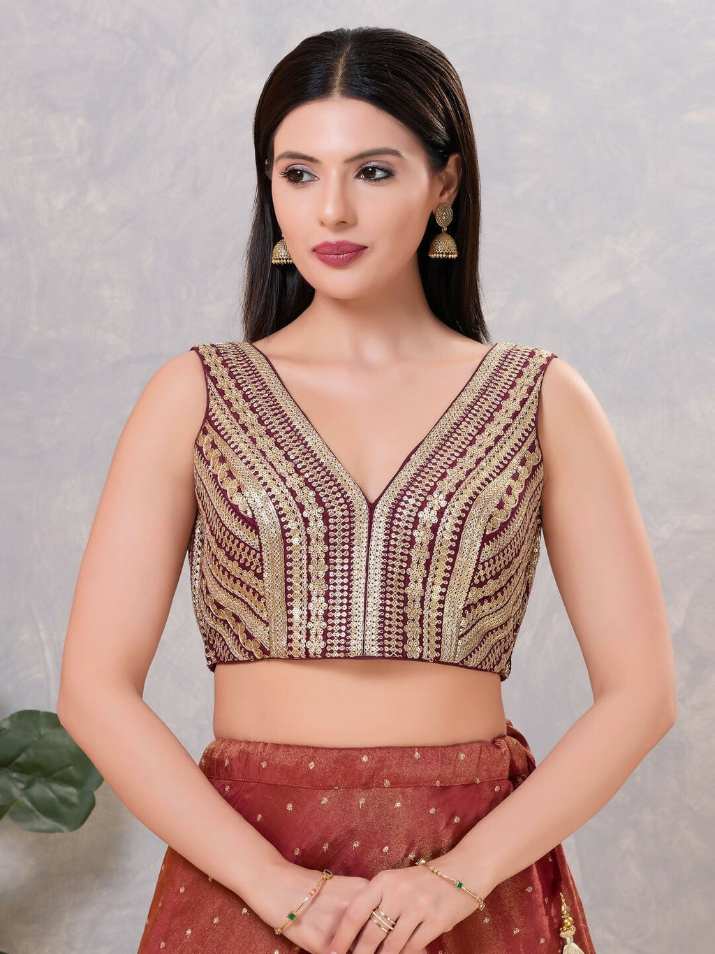 Joban Fashion Women Sequin Wine Stitched Blouse | Grocsy