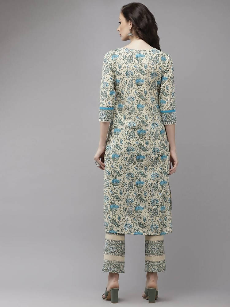 Yufta Women Beige Floral Printed Regular Pure Cotton Kurta with Trouser | Grocsy