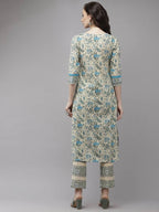 Yufta Women Beige Floral Printed Regular Pure Cotton Kurta with Trouser | Grocsy