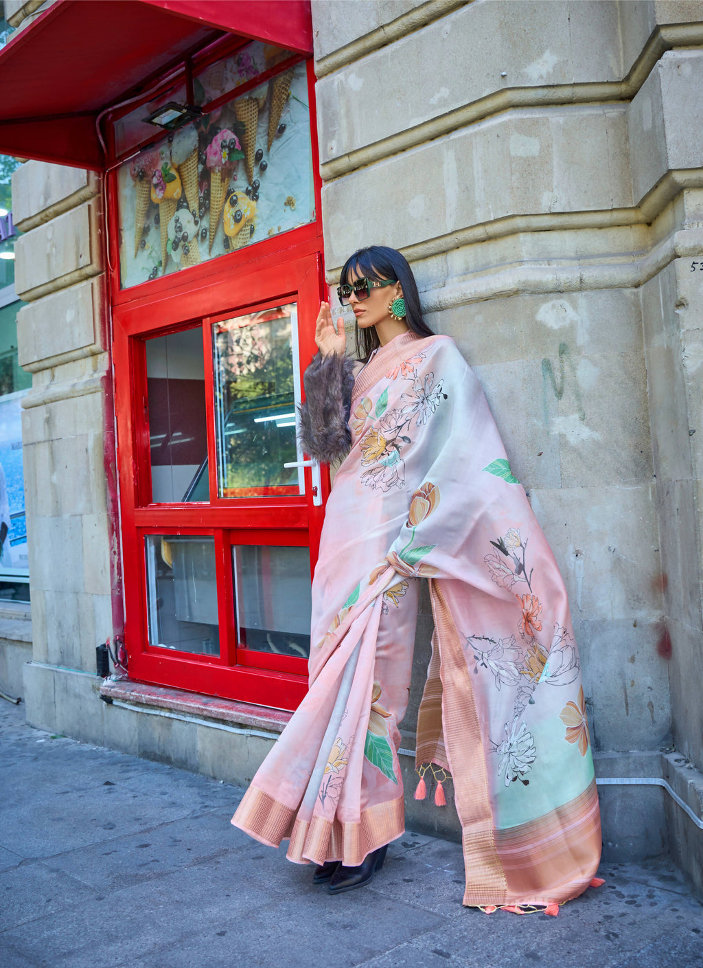 Peach Satin Organza Floral Woven Design Saree With Unstitched Blouse Piece - Klay's | Grocsy