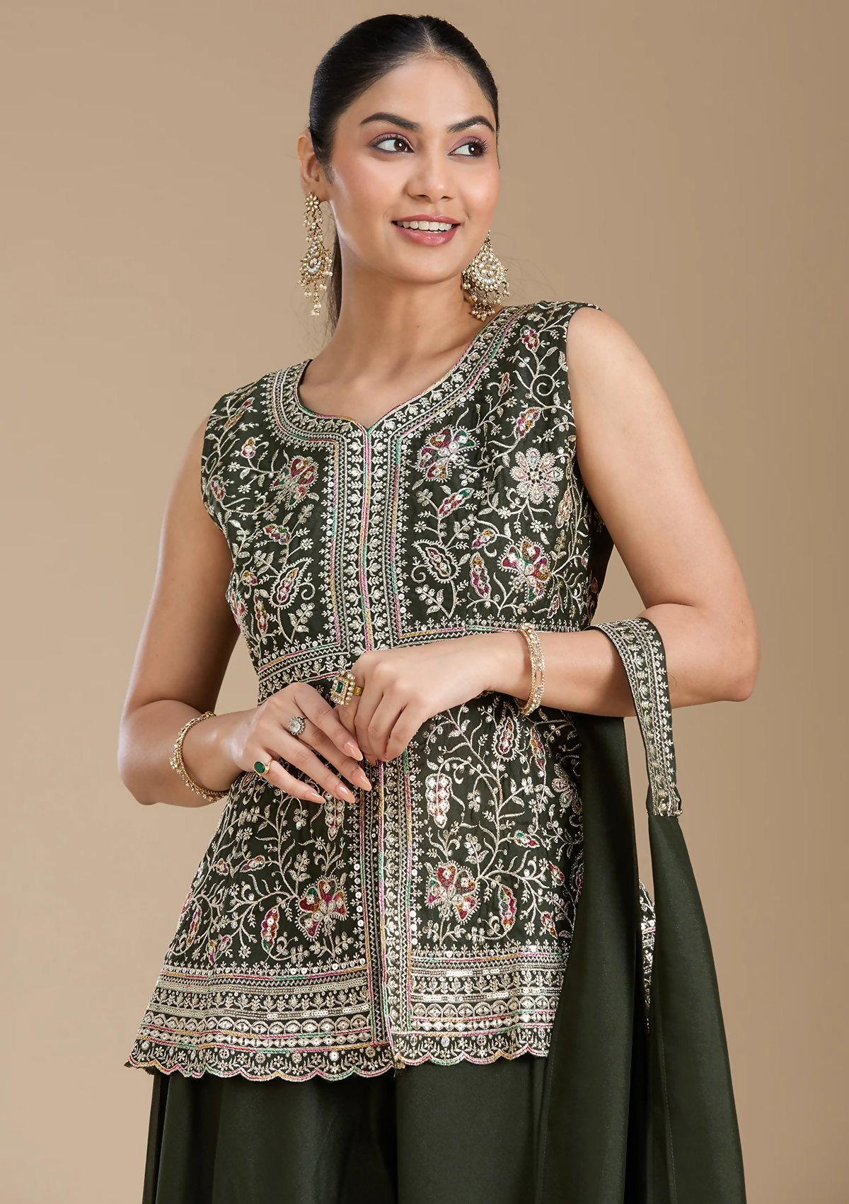 Teeya Creation Mehendi Color Star Georgette Party Wear Designer Peplum Sharara Set | Grocsy