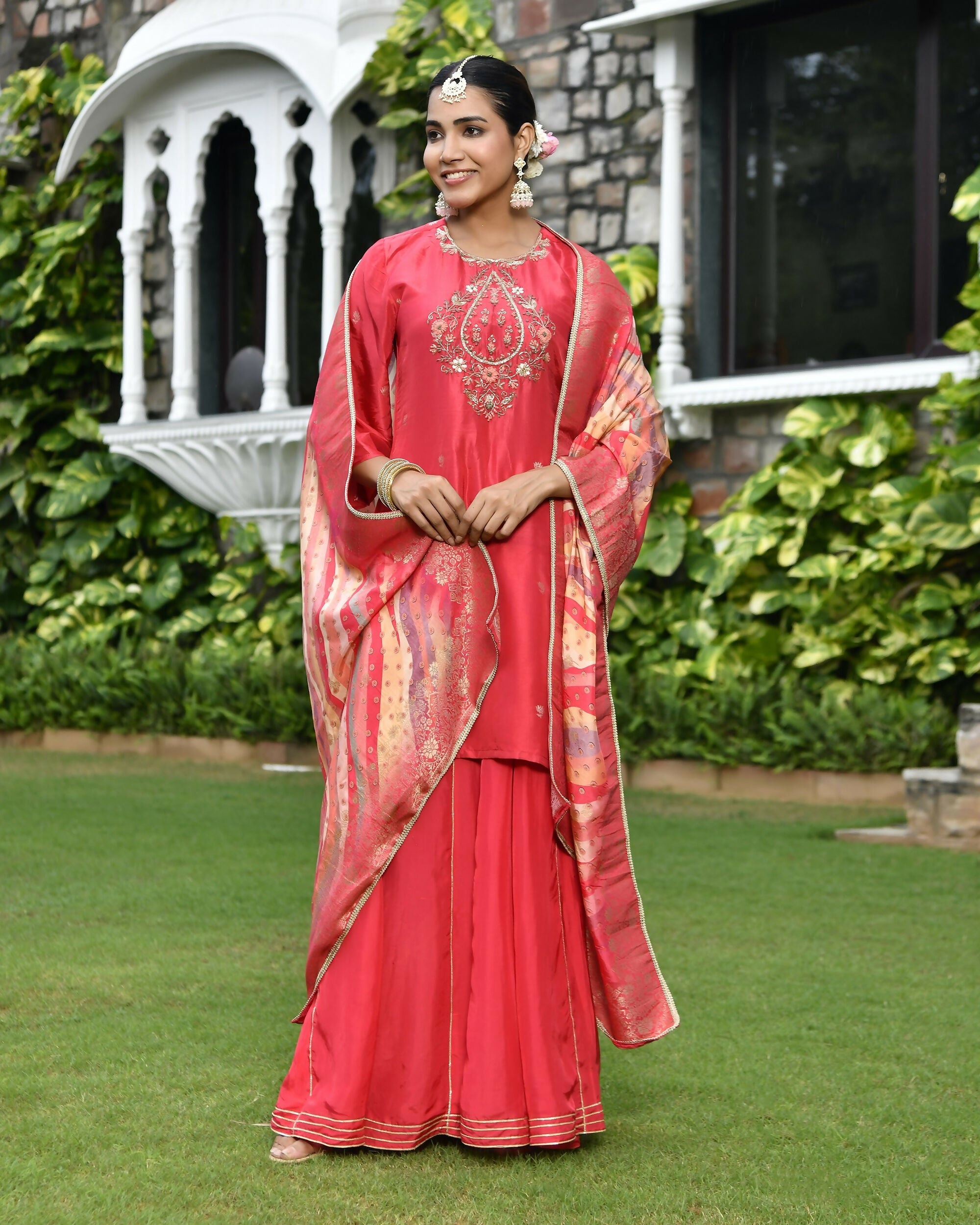 Vaasva Women's Silk Red Emboidered Solid Kurta, Sharara & Dupatta Set | Grocsy