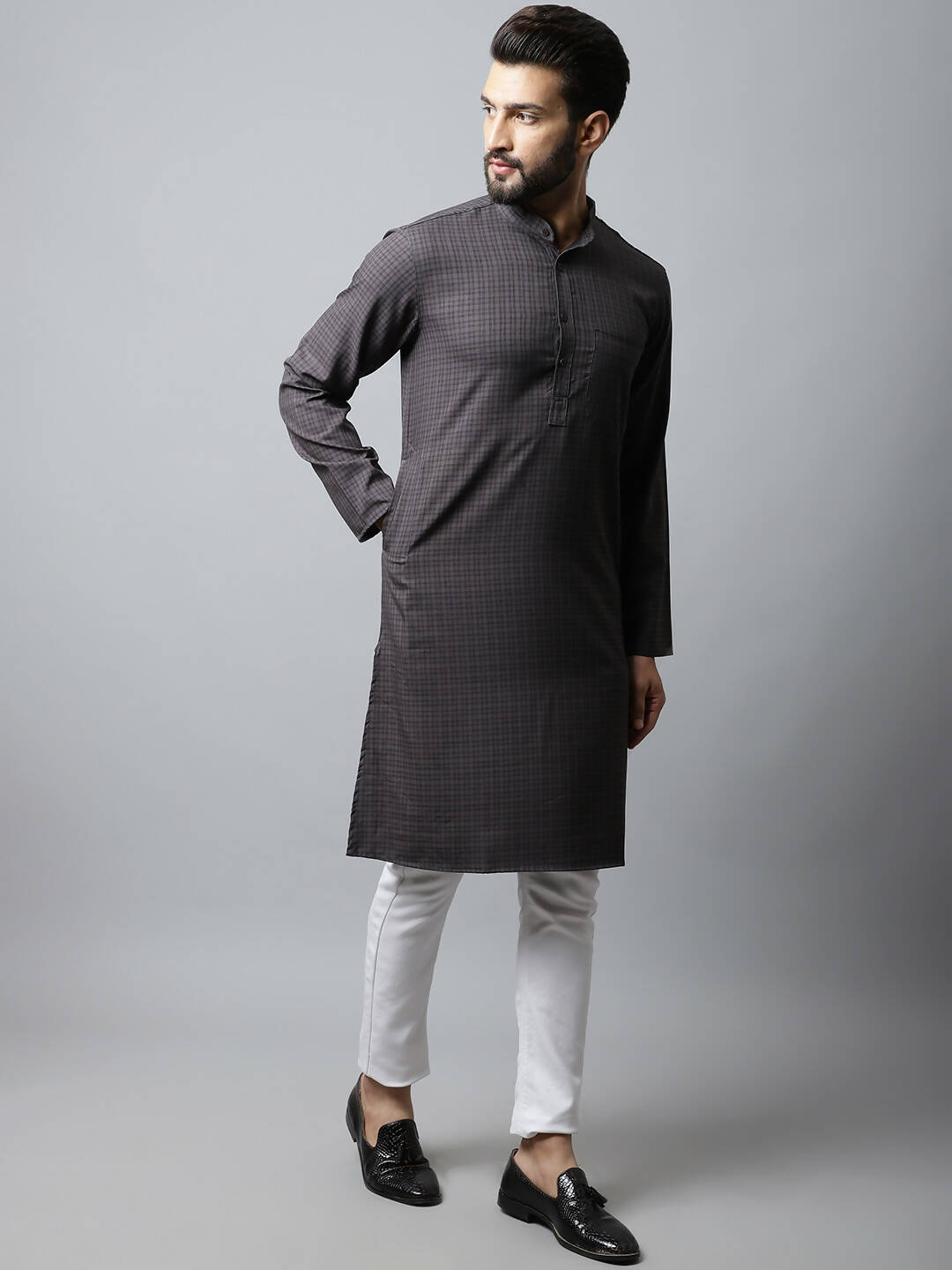 Even Apparels Black Color Pure Cotton Men's Kurta With Band Collar (CHK1166) | Grocsy