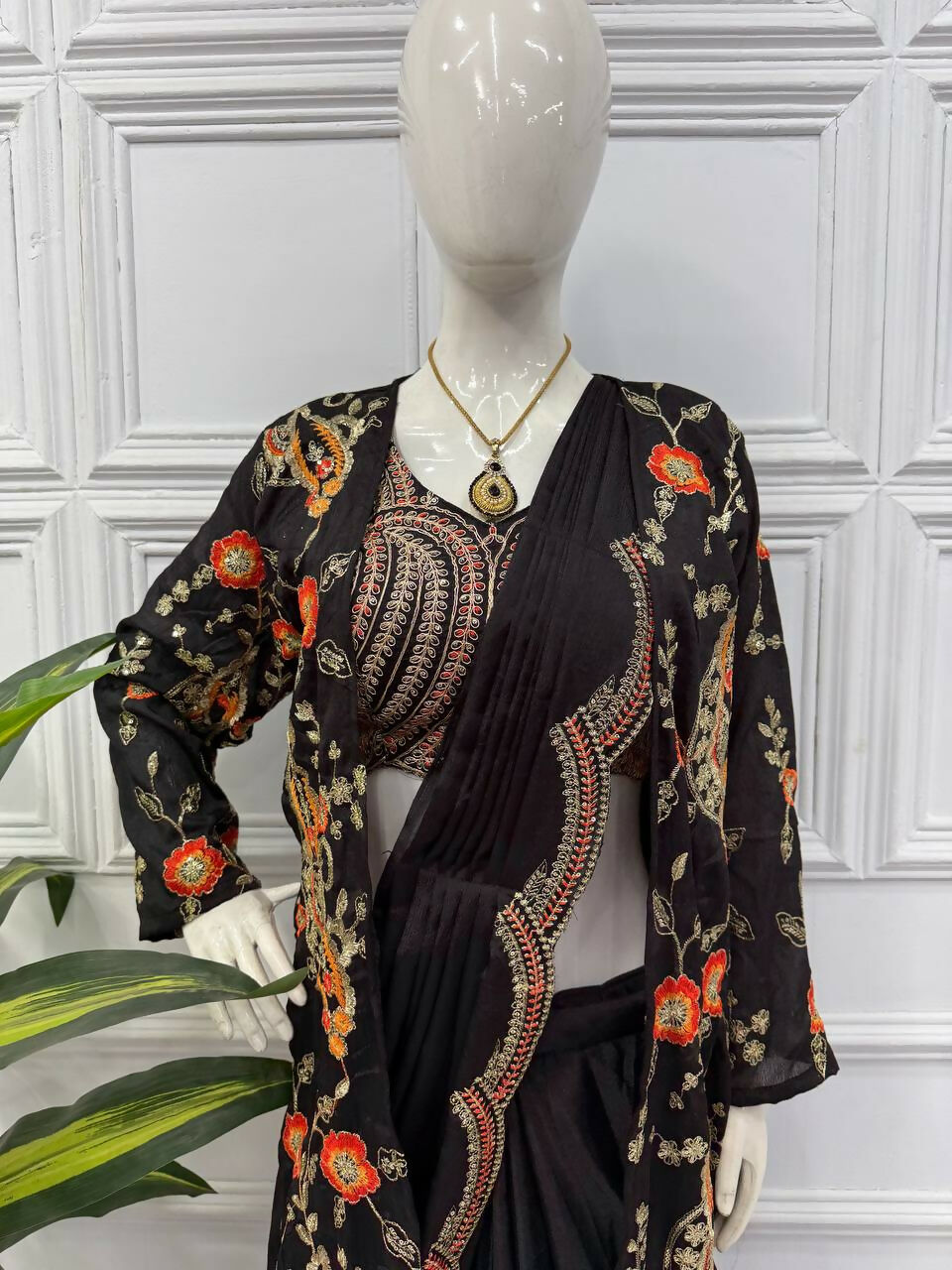 Teeya Creation Black Color Chinon Silk Designer Embroidery Work Ready To Wear Saree With Koti | Grocsy