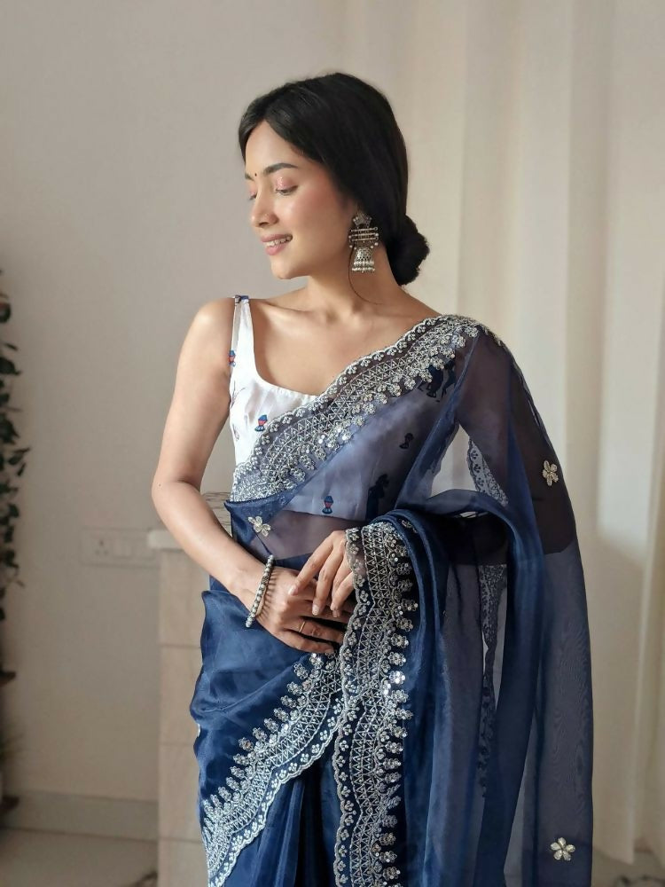 Vamsee Shirovastra Navy Blue Organza Saree | Grocsy