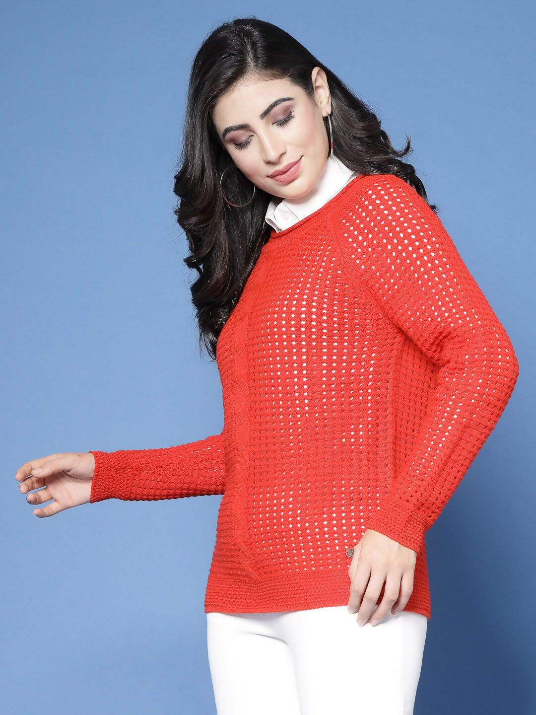 Women Pointelle Rust Acrylic Winter Sweater - Wool Trees | Grocsy