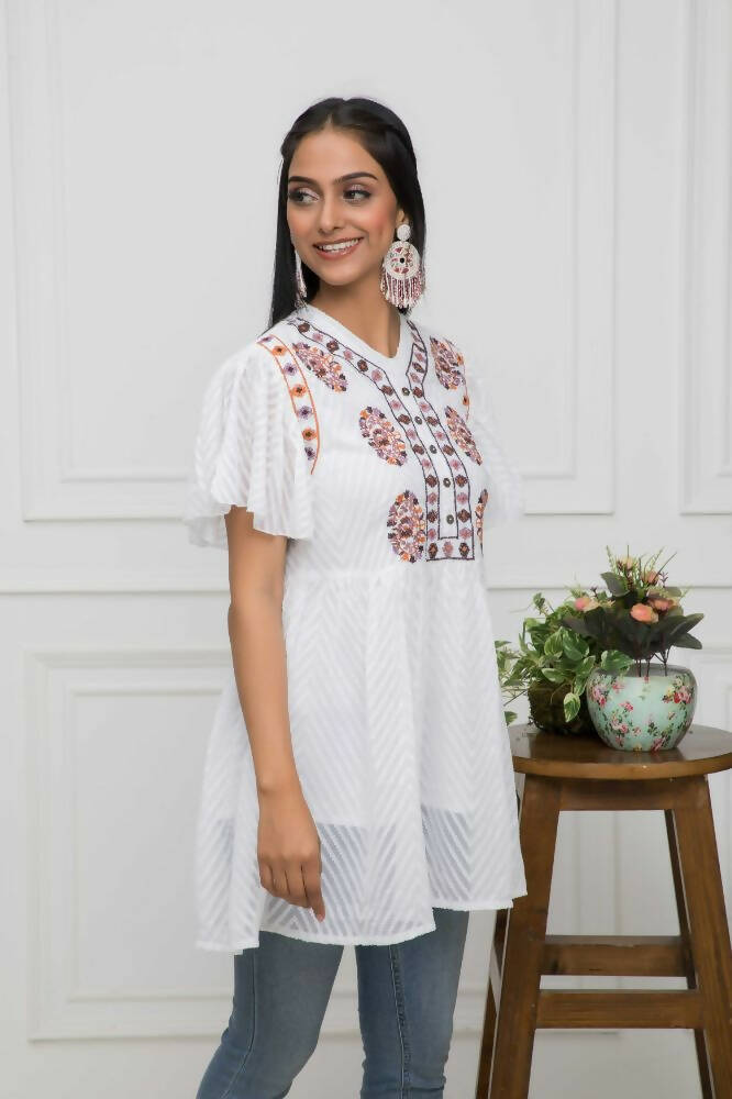 Myshka Women Solid V-Neck Flared Sleeves Synthetic Georgette White Top | Grocsy