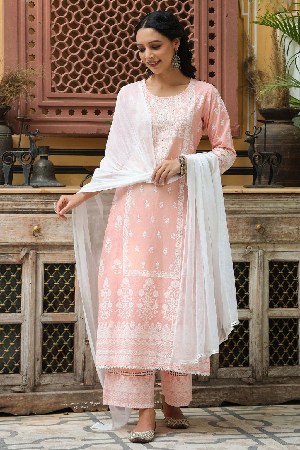 Juniper Women's Peach Printed Straight Kurta Sets | Grocsy