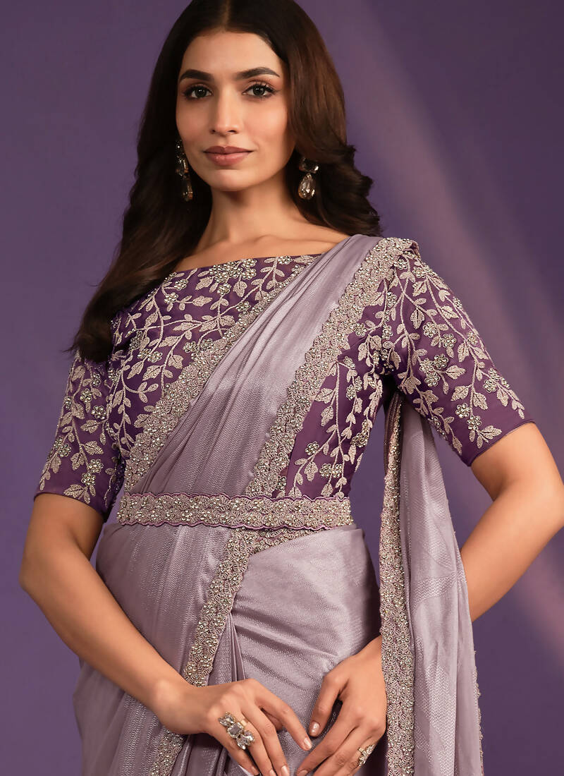 Purple Pattern Georgette Embroidered Saree With Stitched Blouse - Mohmanthan Exotica | Grocsy