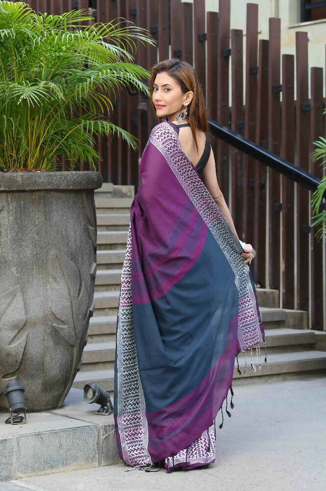 Beatitude Purple Cotton Jacqaurd Border Tangail Handloom Saree | Grocsy