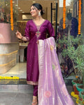 The52 Women's Beautiful Chanderi Fabric Embroidery Work Flared Kurta Pant and Dupatta Set | Grocsy