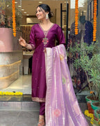 The52 Women's Beautiful Chanderi Fabric Embroidery Work Flared Kurta Pant and Dupatta Set | Grocsy
