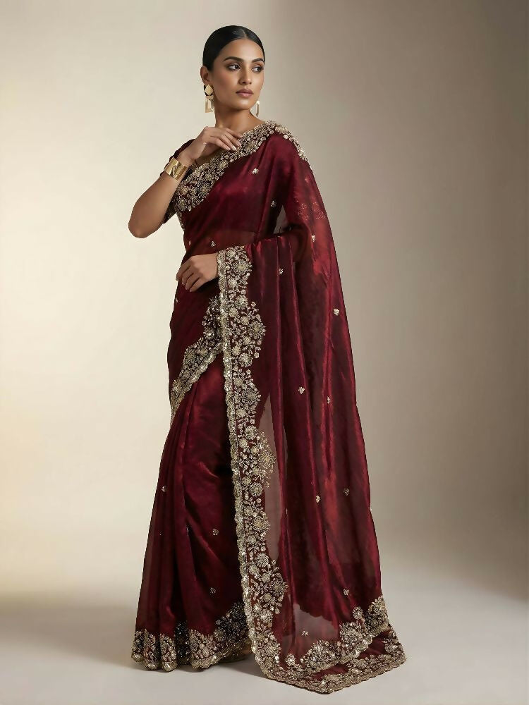 Joban Fashion Maroon Fandy Satin Silk Party Wear Sarees | Grocsy