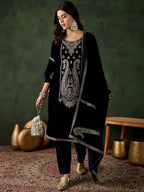 Sangria Floral Embroidered Straight Kurta & Trousers With Dupatta | Grocsy
