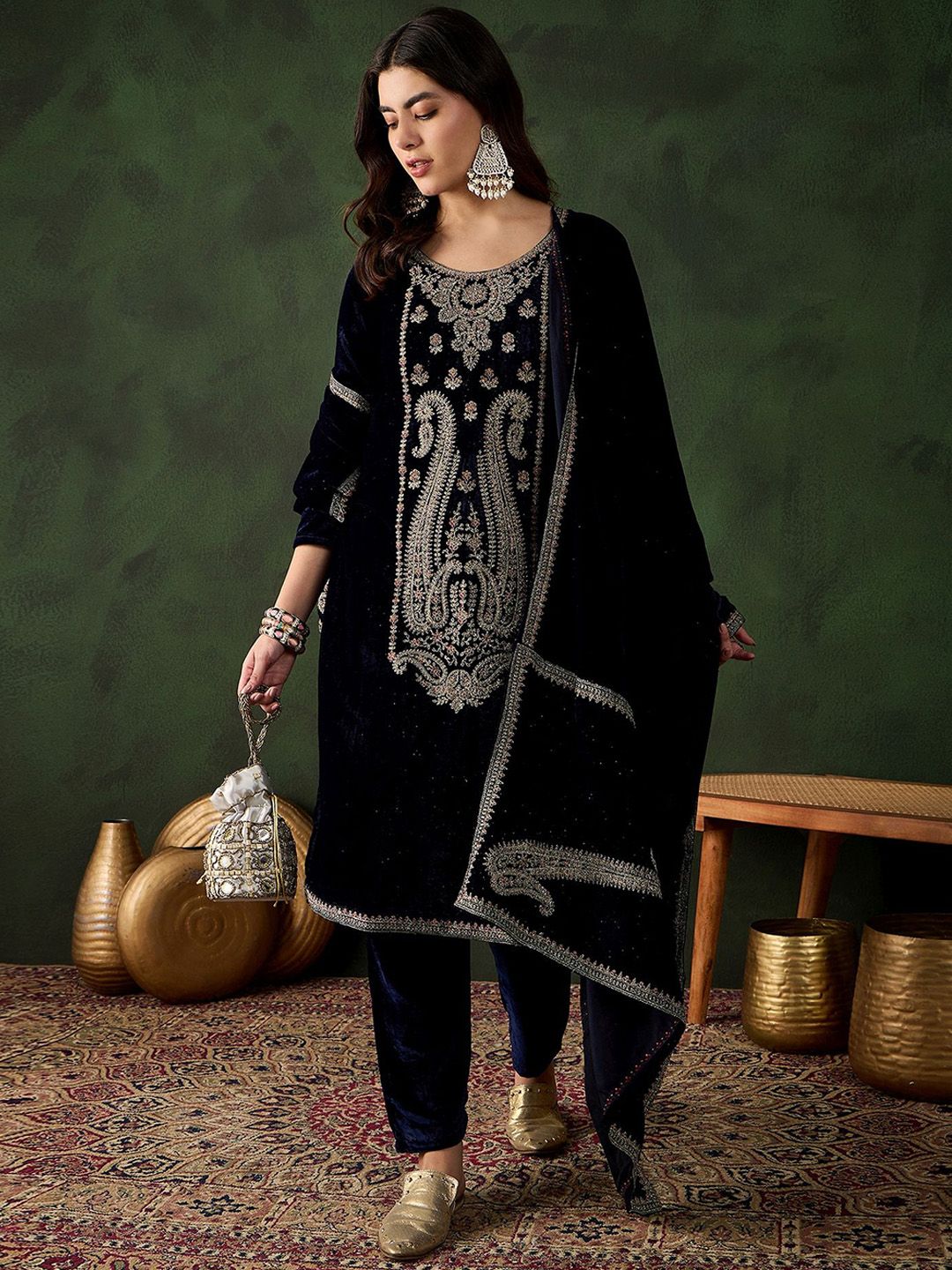 Sangria Floral Embroidered Straight Kurta & Trousers With Dupatta | Grocsy