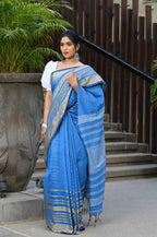 Beatitude Blue Cotton Handloom Saree | Grocsy