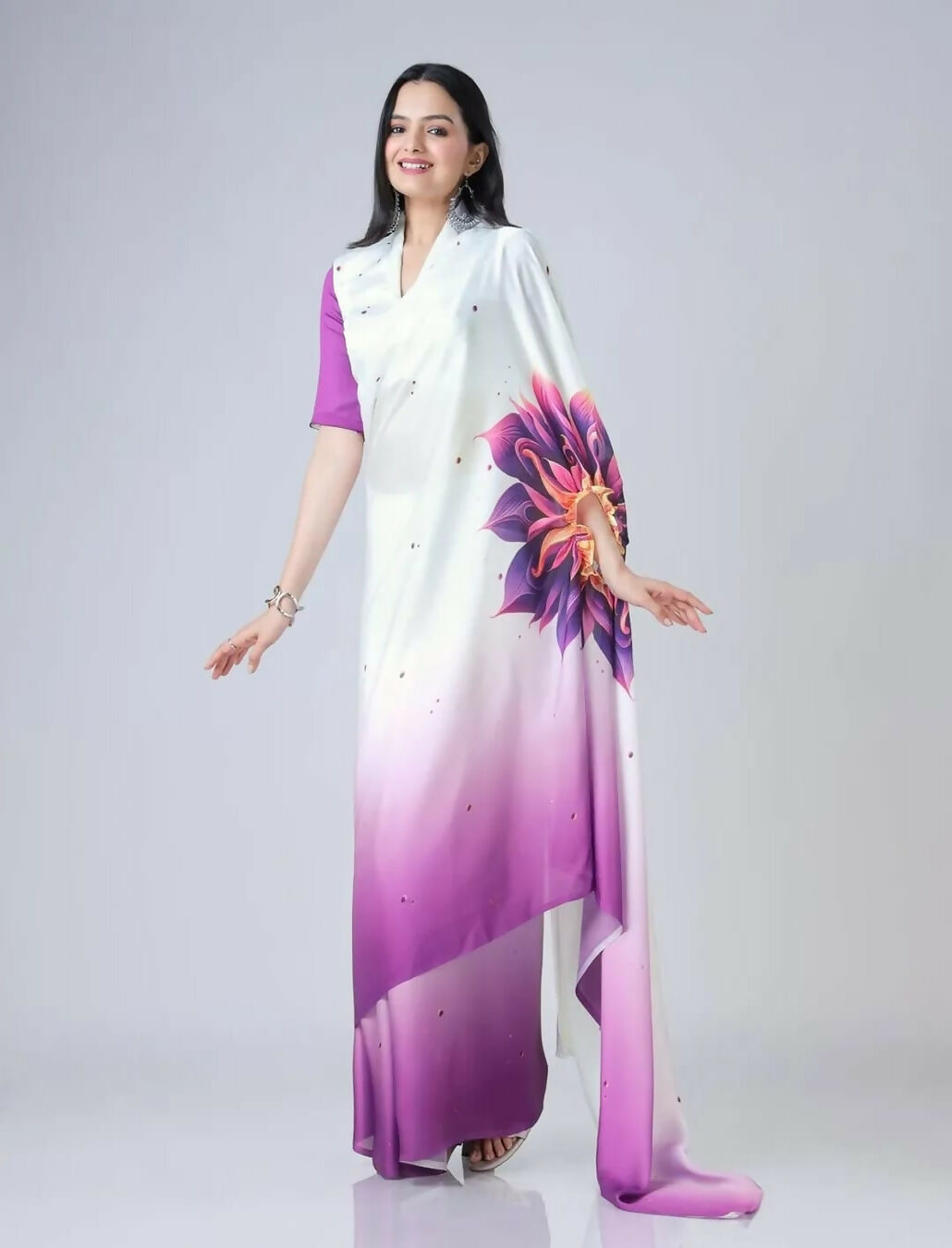 Vastranavya Purple & White Ready to Wear Floral Print Free Hand Saree | Grocsy