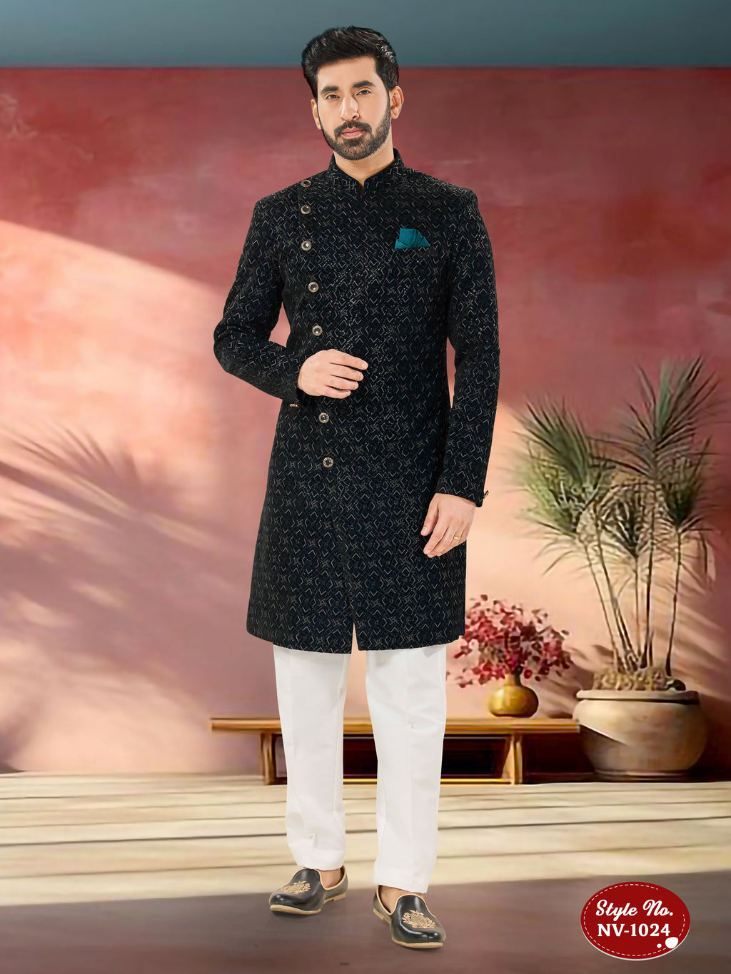 Joban Fashion Men's Blue Base Straight Velvet Thread And Sequence Embroidary All Over Indo-Western Kurta Set | Grocsy