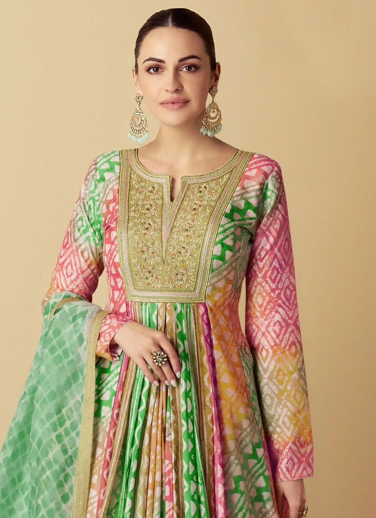 Vastranavya Green Muslin Printed Sequins Beads Work Abaya Style Anarkali Suit | Grocsy