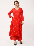 Cheera Embellished Daily Wear Cotton Blend Kurta With Palazoo - Red | Grocsy