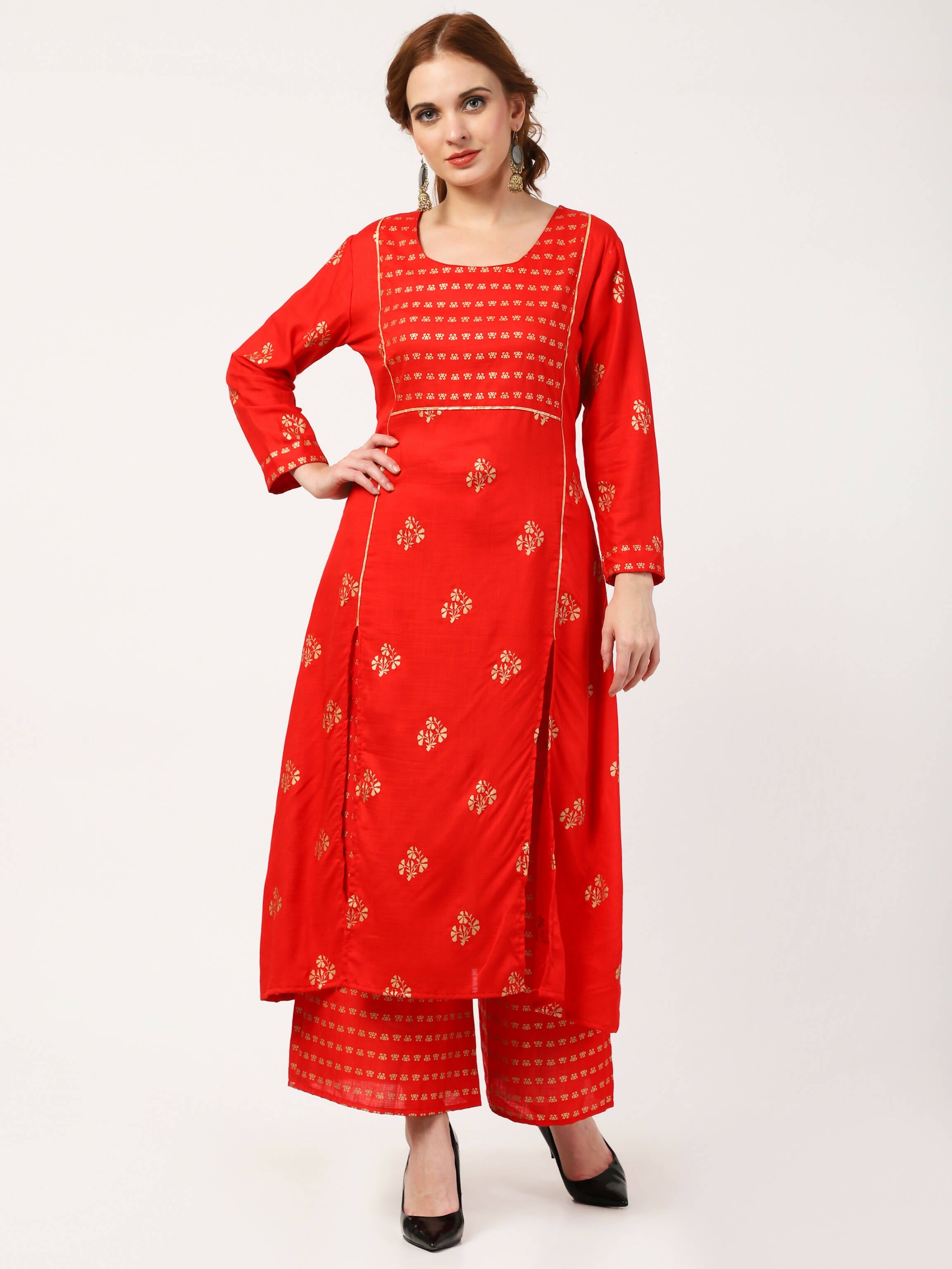 Cheera Embellished Daily Wear Cotton Blend Kurta With Palazoo - Red | Grocsy