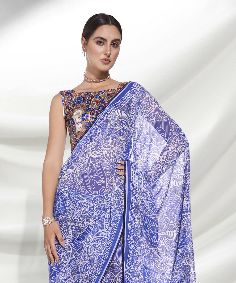 Blue Georgette Floral Printed Saree With Unstitched Blouse Piece - Rajal | Grocsy