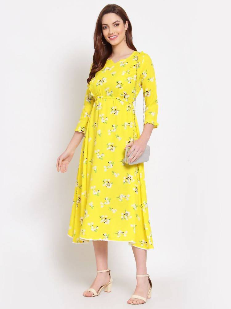 Myshka Women's Yellow Printed Cotton 3/4 Sleeve Round Neck Casual Dress | Grocsy