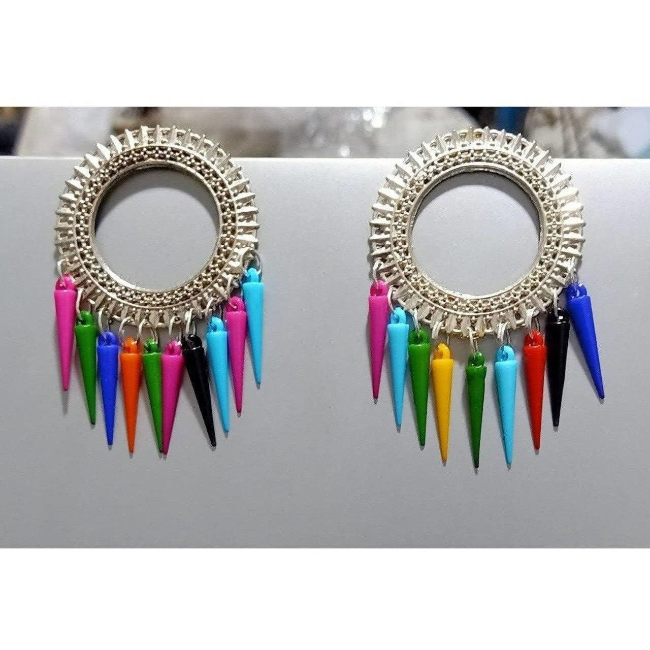 MS Fashion India Sun Design Oxidized Silver Earrings With Multicolor Alloy Drops | Grocsy