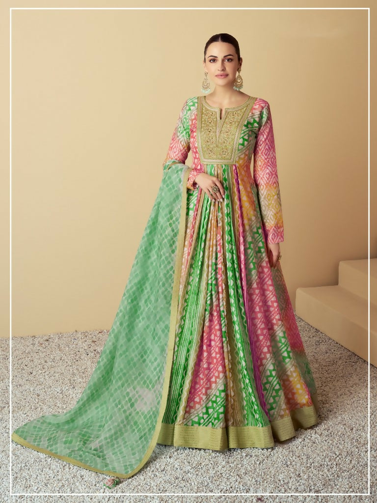 Vastranavya Green Muslin Printed Sequins Beads Work Abaya Style Anarkali Suit | Grocsy