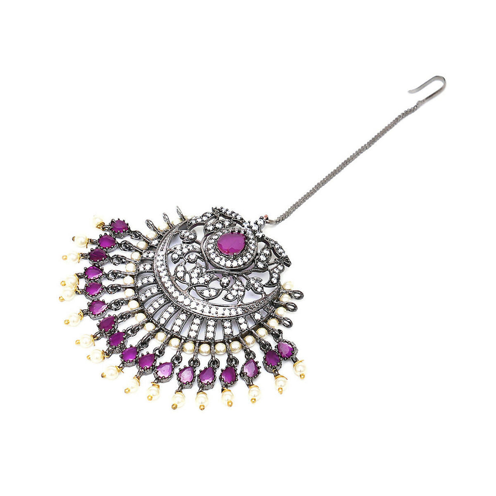 Oversized Diamond & Maroon Stone Maang Tikka- Ruby Raang | Grocsy