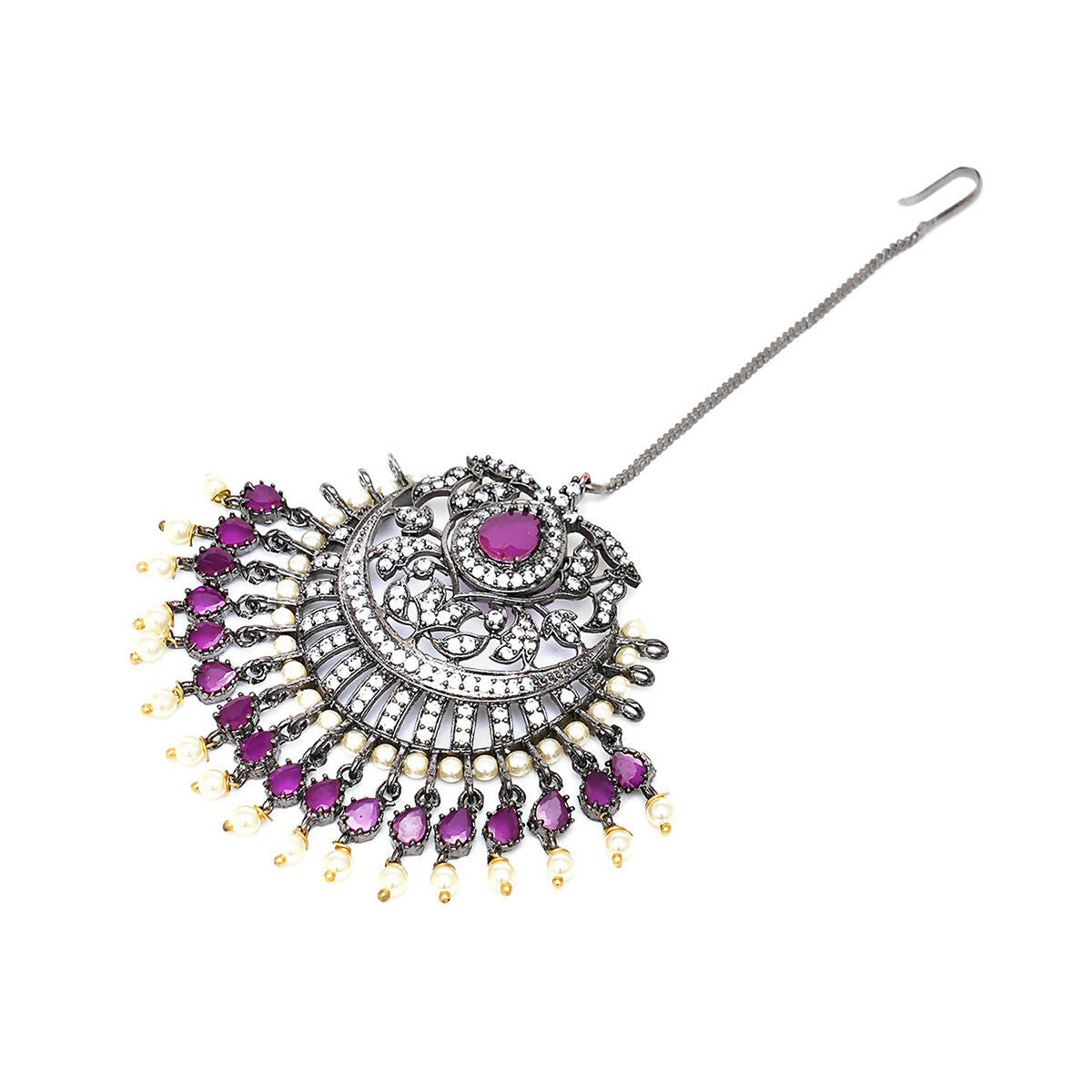 Oversized Diamond & Maroon Stone Maang Tikka- Ruby Raang | Grocsy