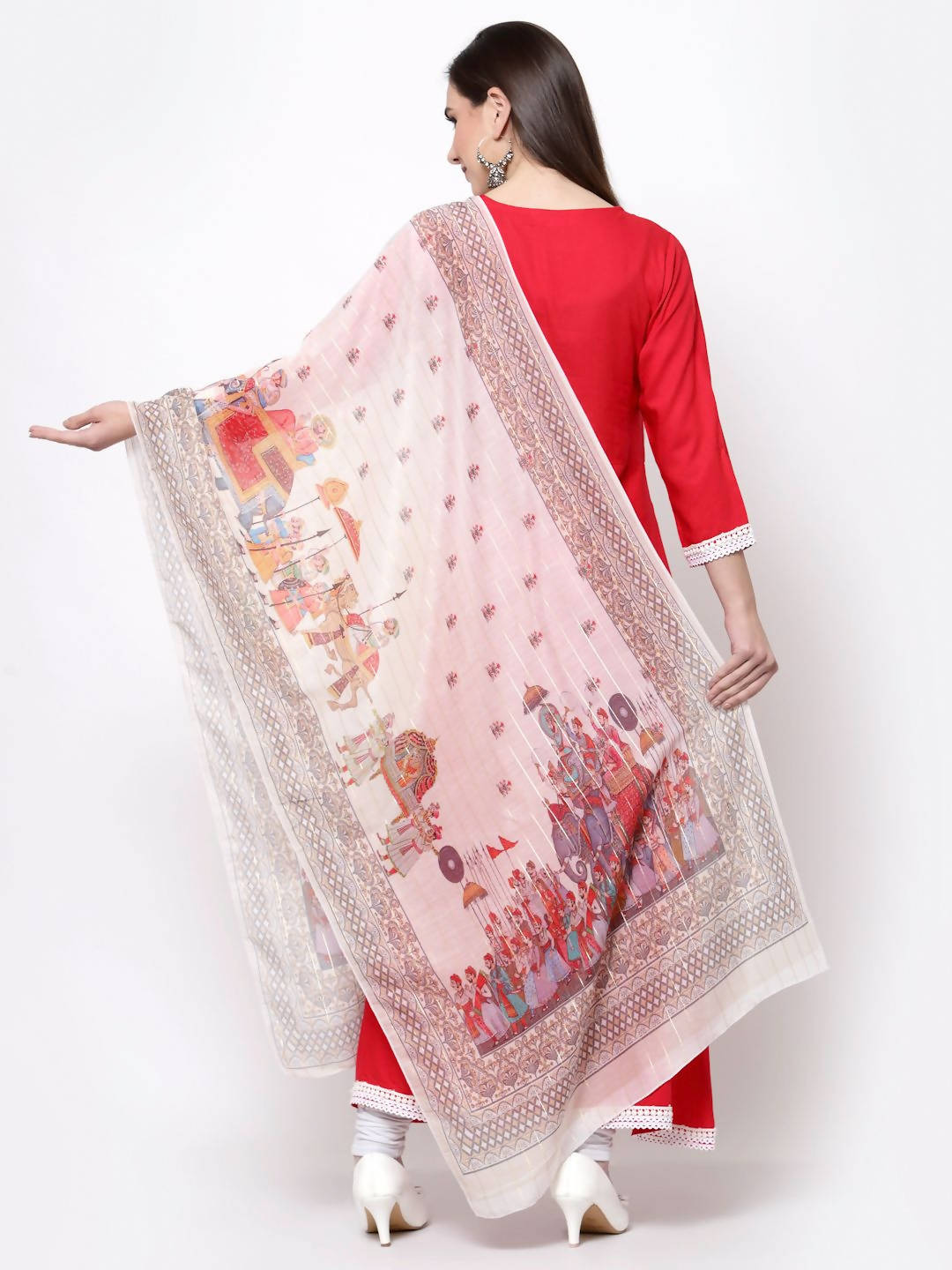 Myshka Pink Cotton Solid 3/4 Sleeve V Neck Casual Kurta Dupatta Set | Grocsy
