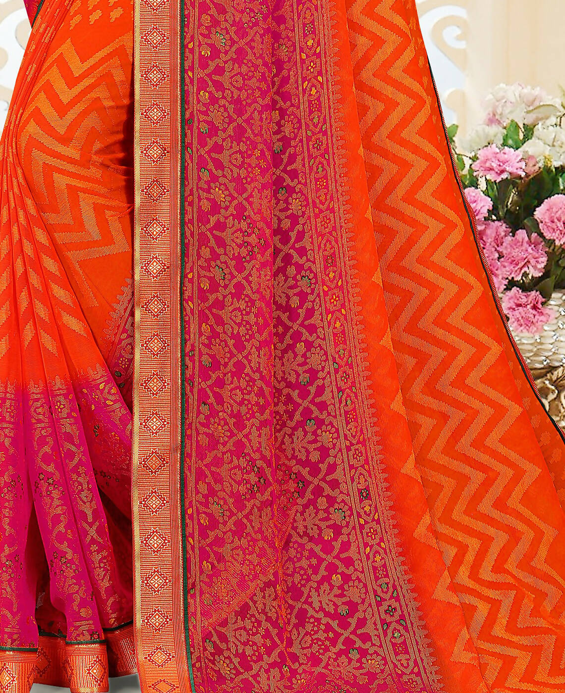 Orange & Pink Chiffon Brasso Printed Saree With Unstitched Blouse Piece - Jyoti | Grocsy