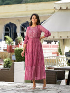 Juniper Women's Onion Pink Ethnic Motif Printed Georgette Gathers Maxi Dress With Sequins & Doris | Grocsy