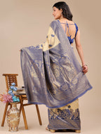 Shree Shyam Fashion Banarasi Silk Cream & Navy Blue Saree | Grocsy
