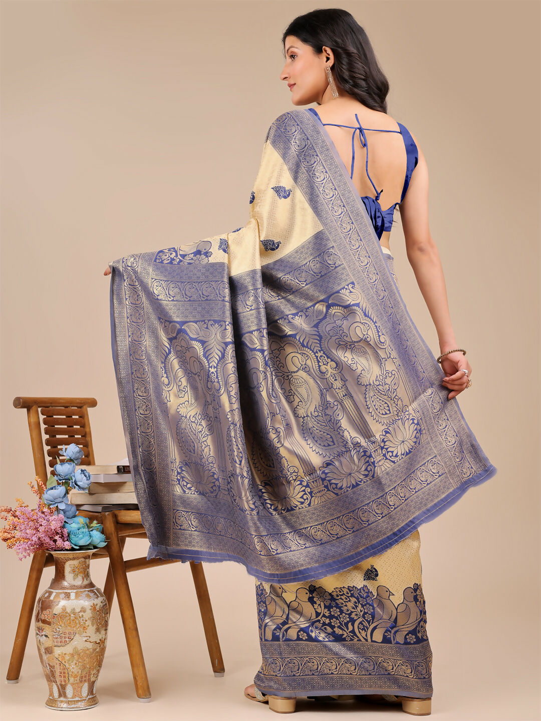 Shree Shyam Fashion Banarasi Silk Cream & Navy Blue Saree | Grocsy