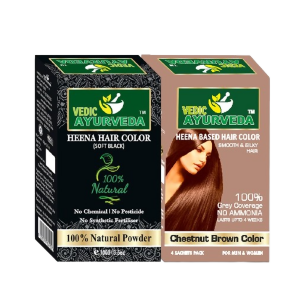 VedicAyurveda Henna Based Hair Colour - Soft black & Chestnut Brown | Grocsy