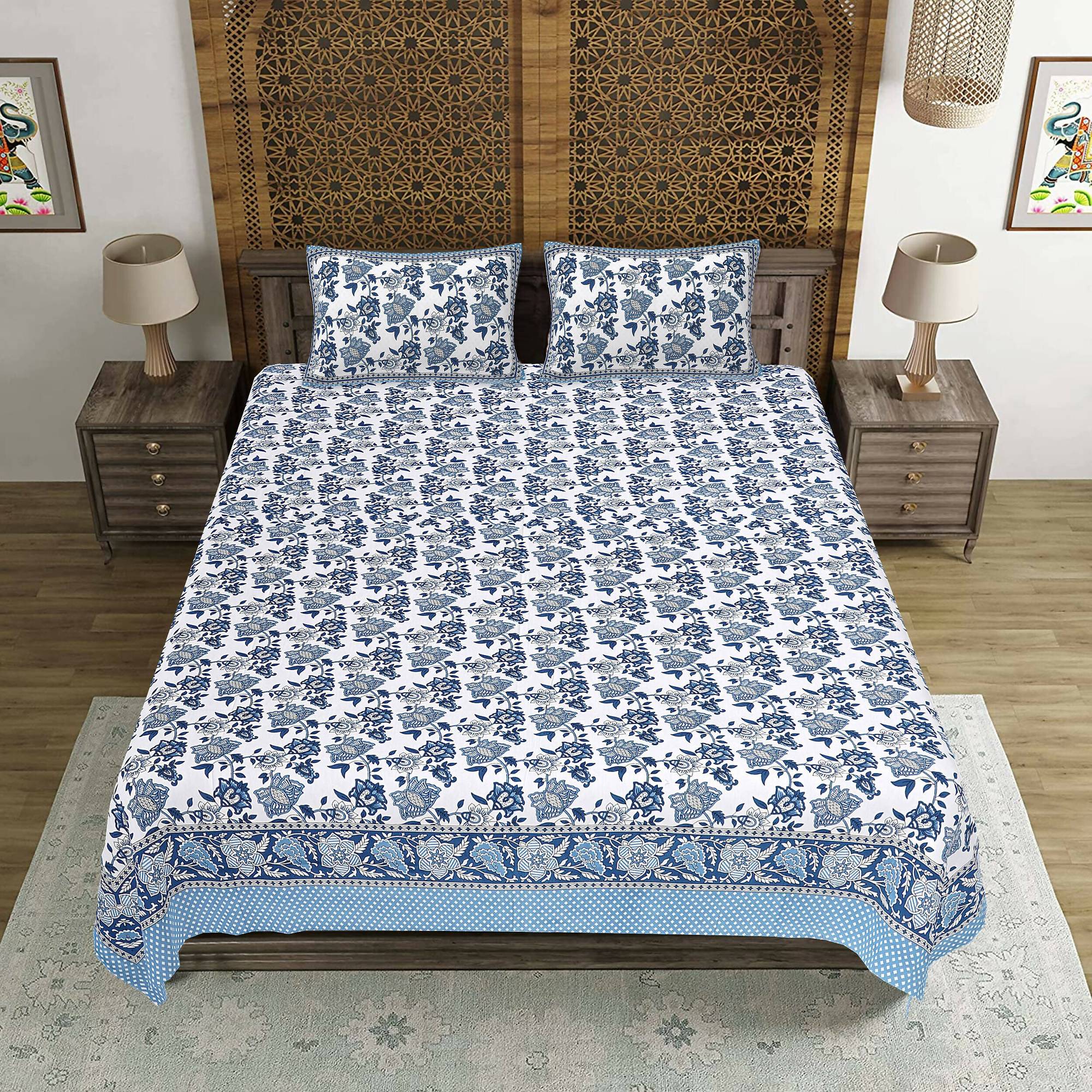 Rudra Bazaar Blue 210 TC Cotton Double King Bedsheet With 2 Pillow Covers | Grocsy