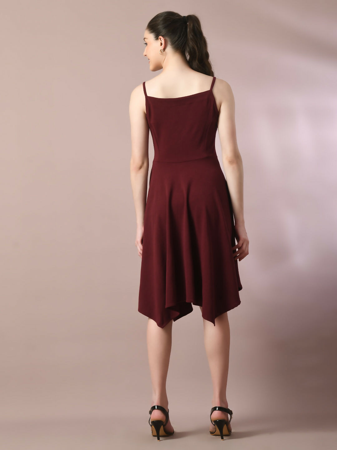 Myshka Women's Maroon Solid Shoulder Straps Fit and Flare Party Dress | Grocsy