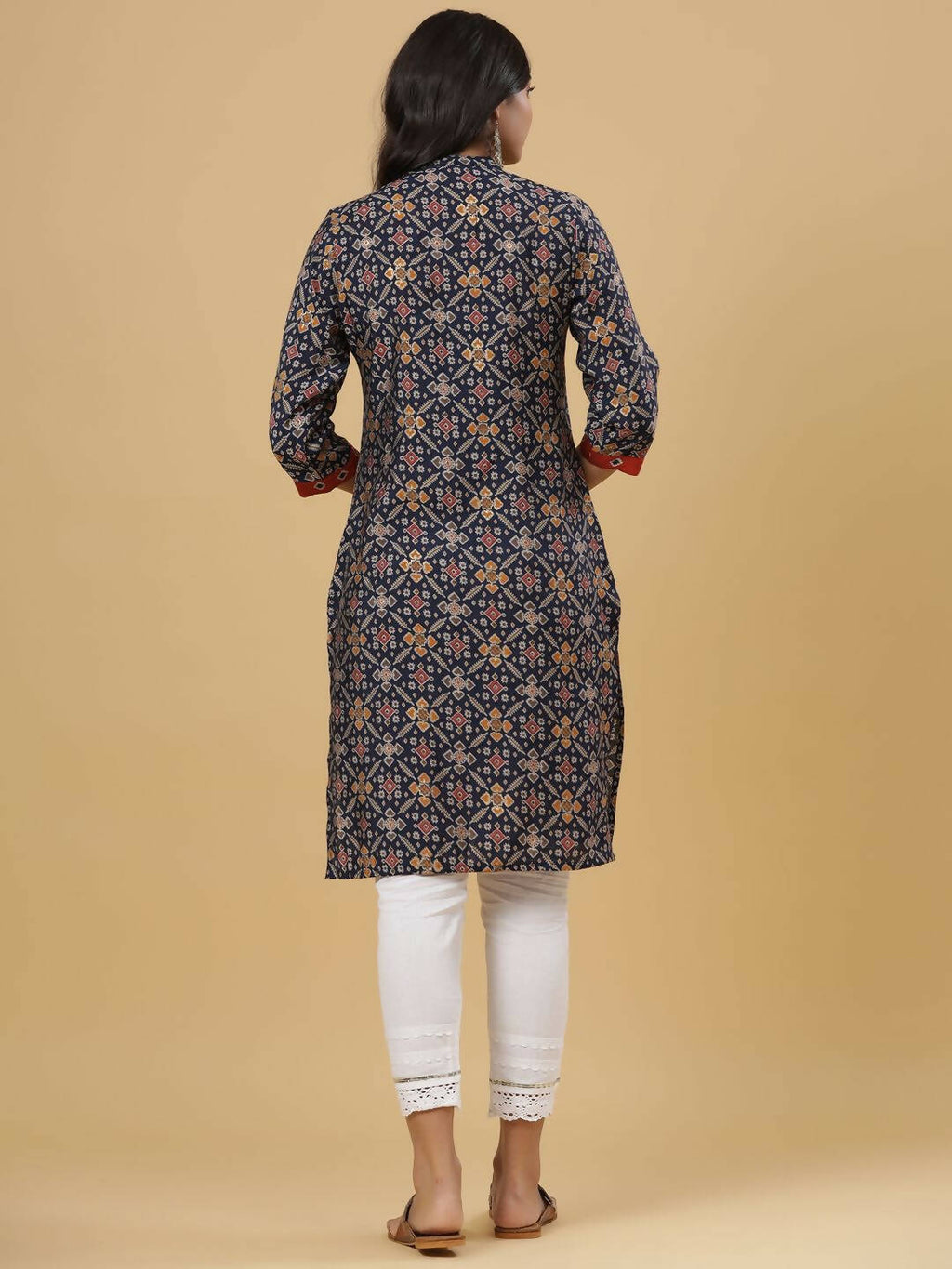 Juniper Women's Navy Printed Straight Knee Length Kurta | Grocsy