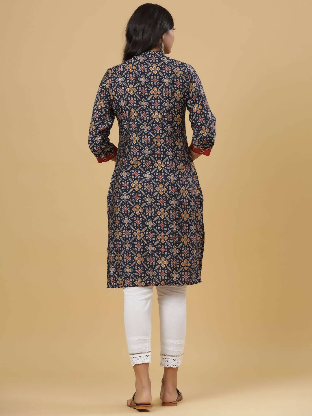 Juniper Women's Navy Printed Straight Knee Length Kurta | Grocsy