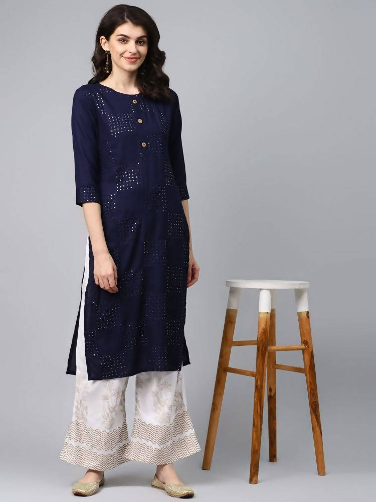 Yufta Women Navy Blue & White Solid Kurta with Palazzo | Grocsy