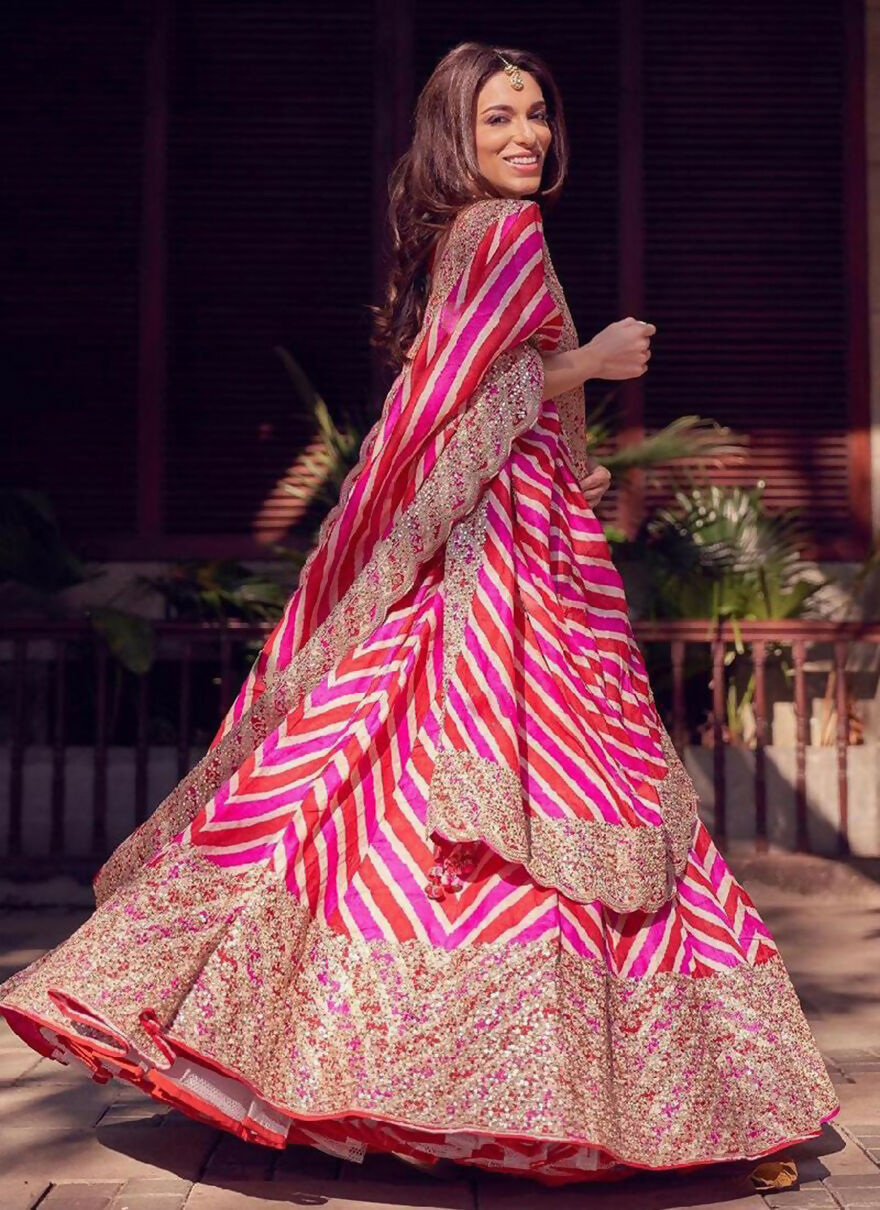 Jyoti Fashion Red & Pink Digital Print with Sequin Codding Embroidered Georgette Lehenga Choli with Dupatta | Grocsy