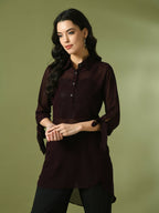 Myshka Women's Coffee Brown Solid Georgette Longline Party Sheer Tunic | Grocsy